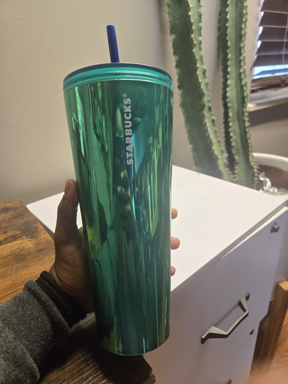 Starbucks Shiny Teal Green Travel Tumbler with Blue Straw
